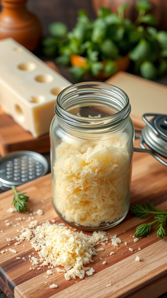 A jar of grated Parmesan cheese on a wooden board with a block of cheese and grater in the background.